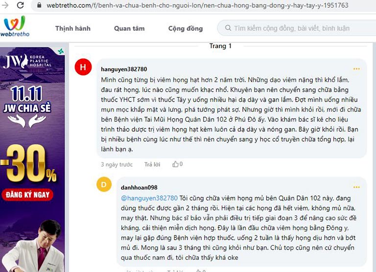 Review của người bệnh về hiệu quả điều trị viêm họng tại Bệnh viện Tai Mũi Họng Quân Dân 102